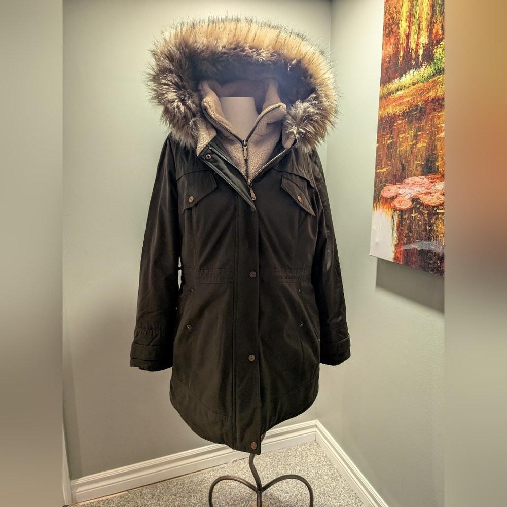 Ugg Koolaburra Women's Dark Green Winter Utility Jacket Faux Fur Hood Medium